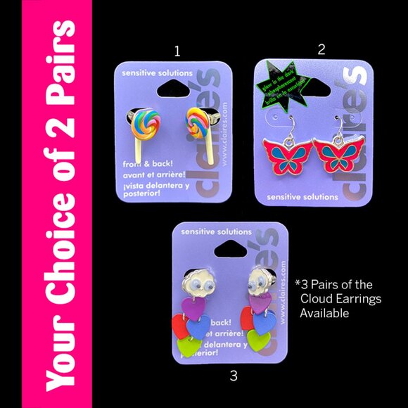 New Girls' Earrings – Your Choice of 2 Pairs, Butterfly, Lollipop, Cloud Hearts - Picture 1 of 4